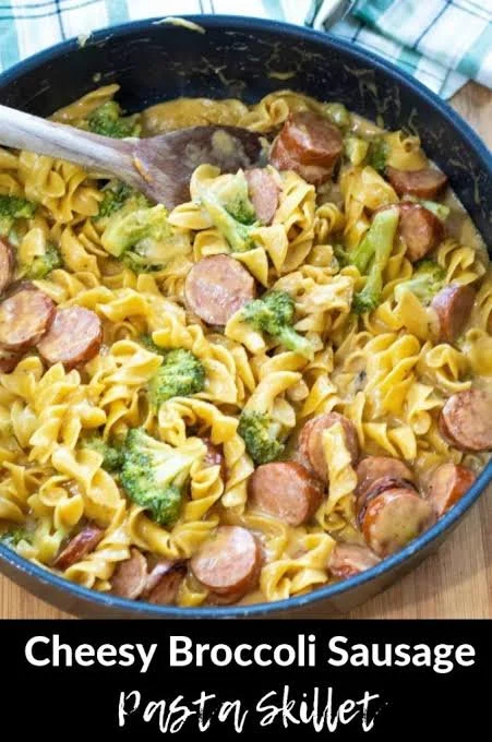 Smoked sausage cheddar pasta with broccoli in a creamy sauce
