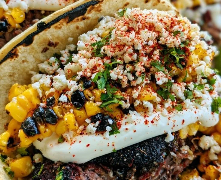 Smoky brisket elote tacos topped with fresh ingredients and spices