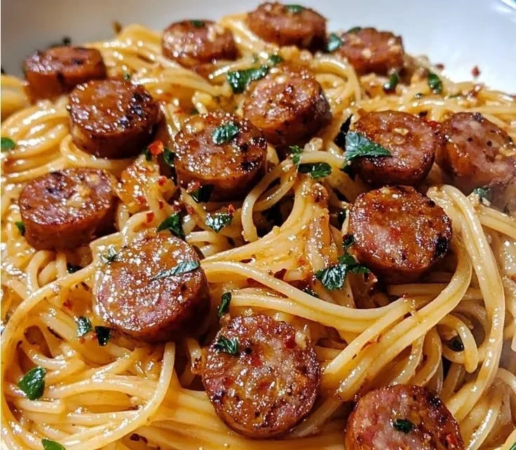 Sticky Honey Garlic Sausage Pasta Skillet served on a plate with fresh herbs.