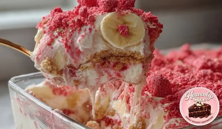 Strawberry Crunch Banana Pudding dessert with layers of bananas and strawberry crunch