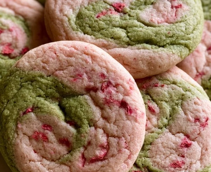 Delicious Strawberry Matcha Cookies with vibrant green and pink colors.