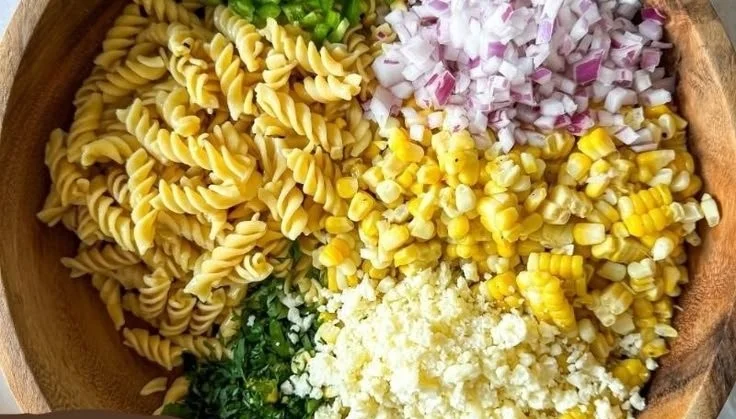 Colorful Street Corn Pasta Salad with fresh ingredients and flavorful dressing.