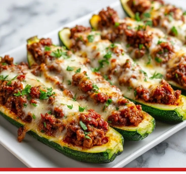 Stuffed zucchini boats filled with vegetables and cheese, fresh from the oven.