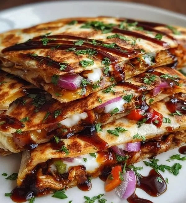 Sweet and Spicy BBQ Chicken Quesadillas served on a plate