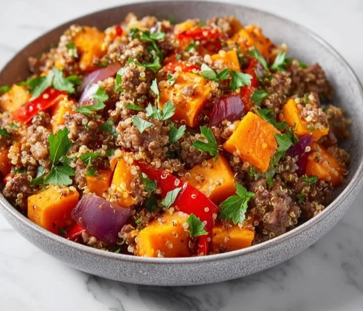 Sweet Potato Ground Beef Burger Bowl recipe with vibrant vegetables