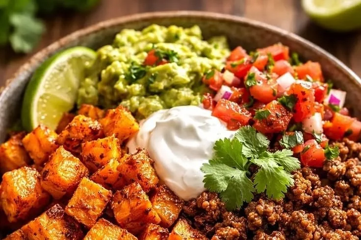 Healthy Sweet Potato Taco Bowl topped with fresh ingredients and herbs.