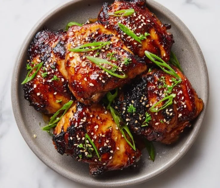 Air fryer teriyaki chicken served on a plate with vegetables
