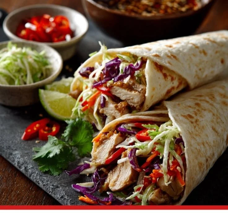 Thai Chicken Wrap with Crunchy Asian Slaw served on a plate