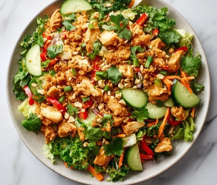 Delicious Thai Peanut Chicken Crunch Salad with colorful veggies and peanut dressing