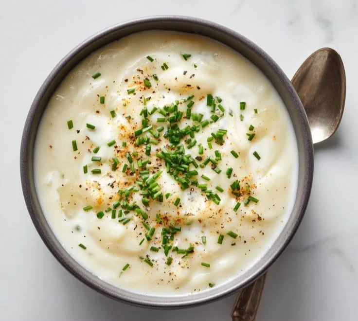 Bowl of ultra-creamy high-protein potato soup garnished with herbs