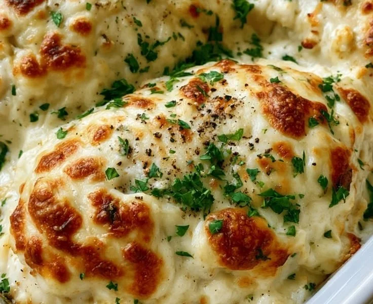 Delicious ultra-creamy parmesan baked chicken served with Caesar salad flavor