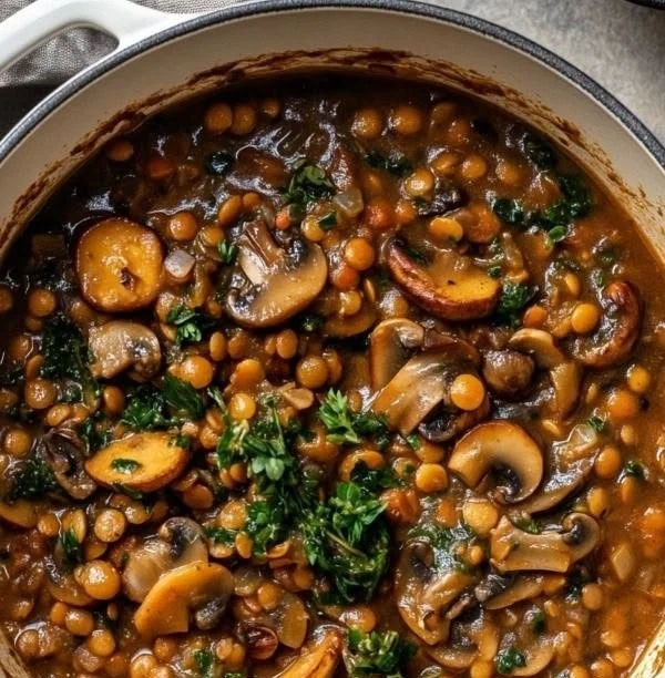 A bowl of Vegan Mushroom Lentil Stew garnished with herbs and served with crusty bread