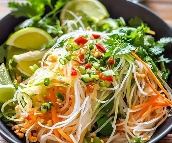 Colorful Vietnamese noodle salad with fresh herbs, vegetables, and noodles