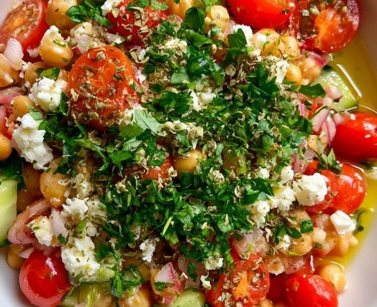 Zesty high-protein chickpea salad with cucumbers and herbs in a bowl.