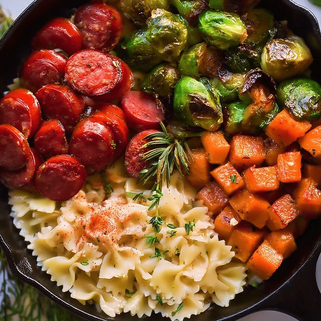 Autumn dinner featuring sausage, pasta, Brussels sprouts, and butternut squash.