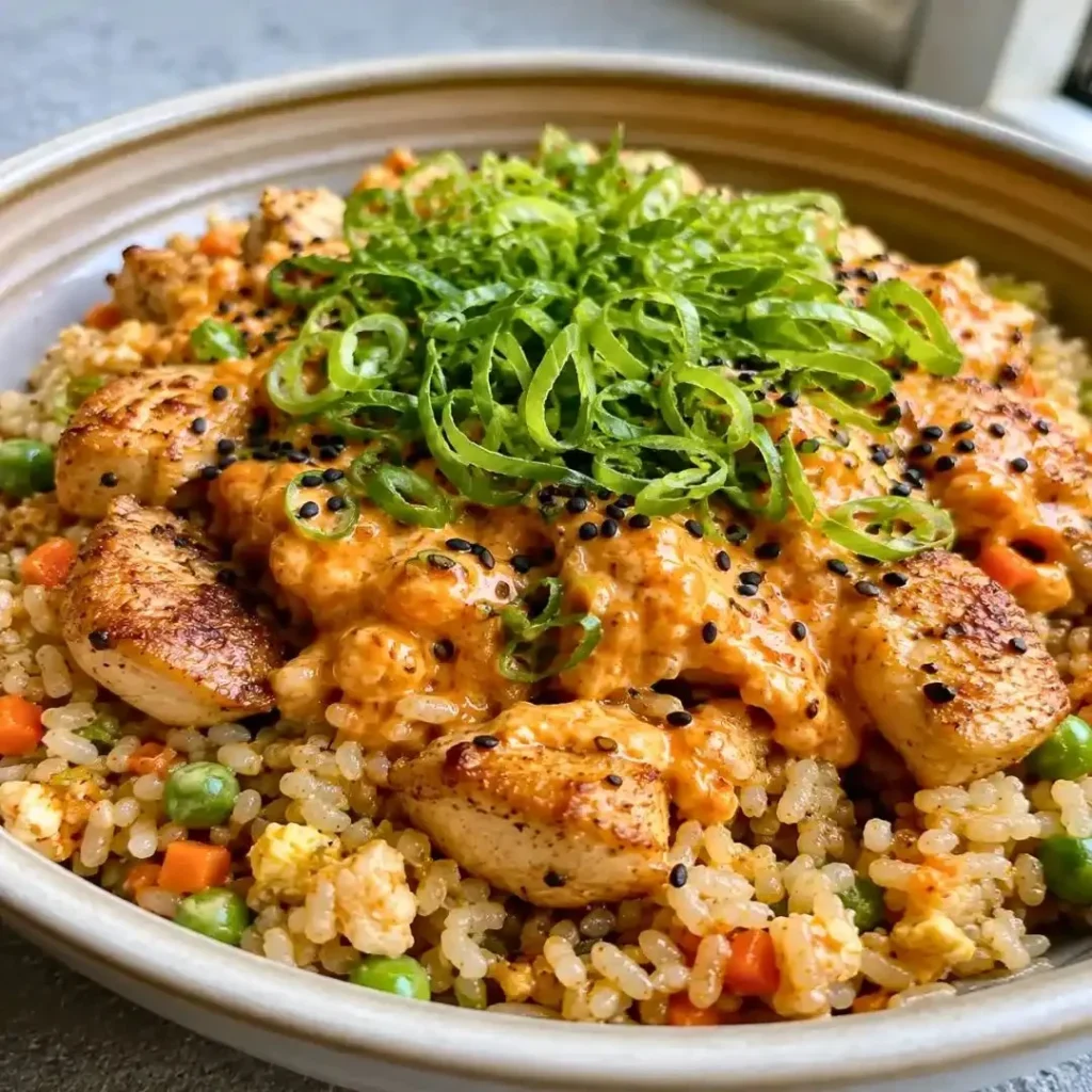 Bang Bang Fried Rice with crispy seared chicken and spicy sauce on a plate