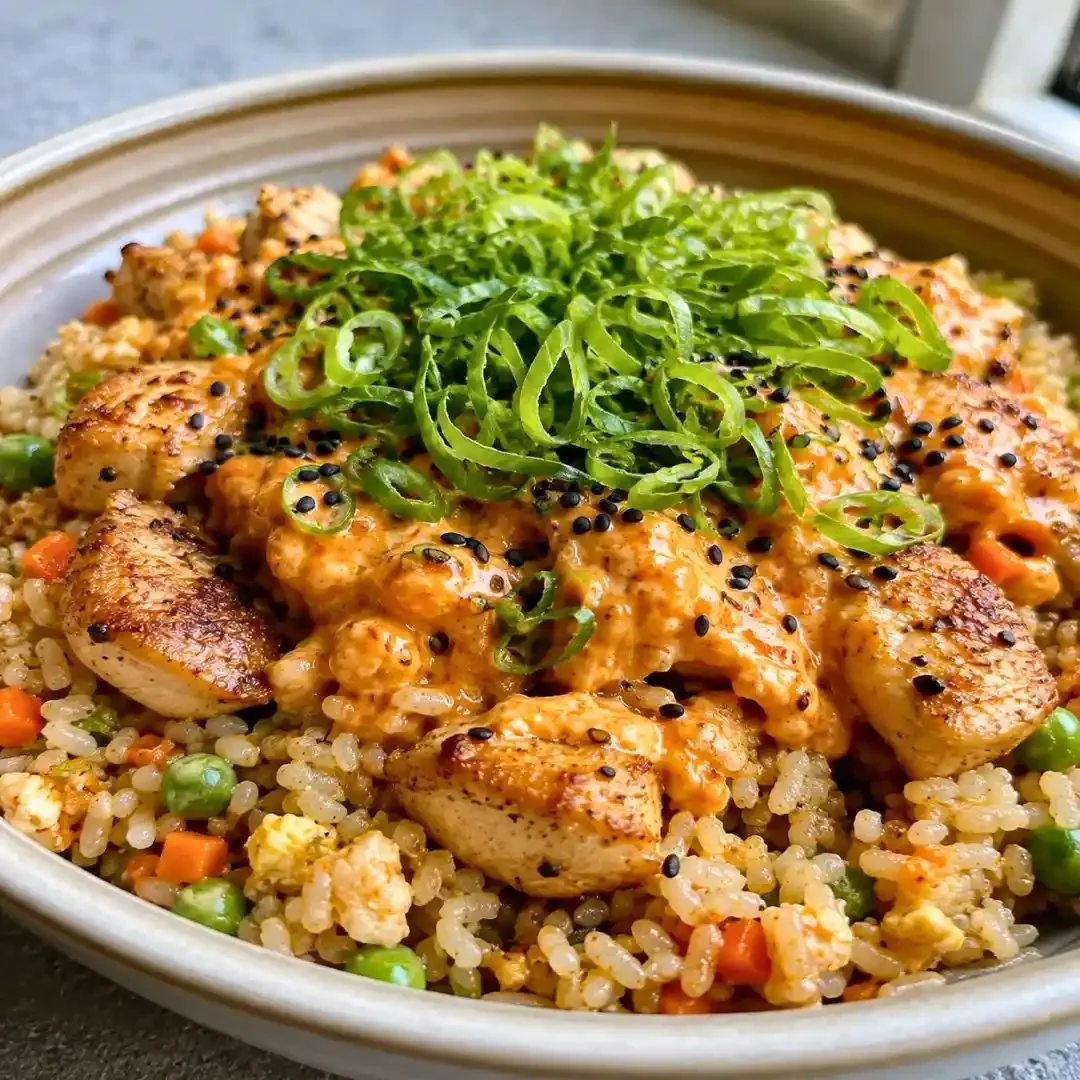 Bang Bang Fried Rice with crispy seared chicken and spicy sauce on a plate