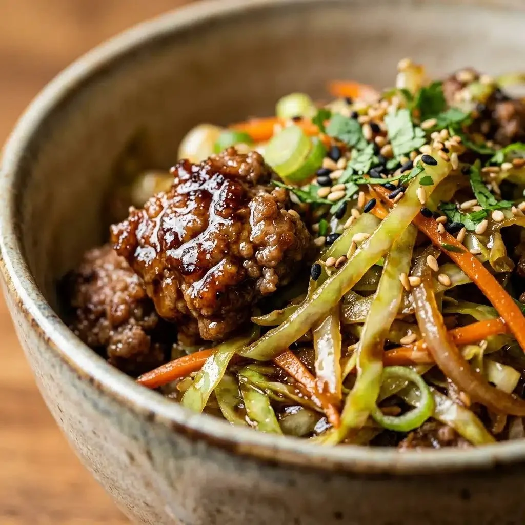 Beef Cabbage Egg Roll Bowl topped with fresh ingredients and served in a vibrant bowl