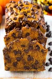 Slice of best chocolate chip pumpkin bread with chocolate chips and pumpkin spices
