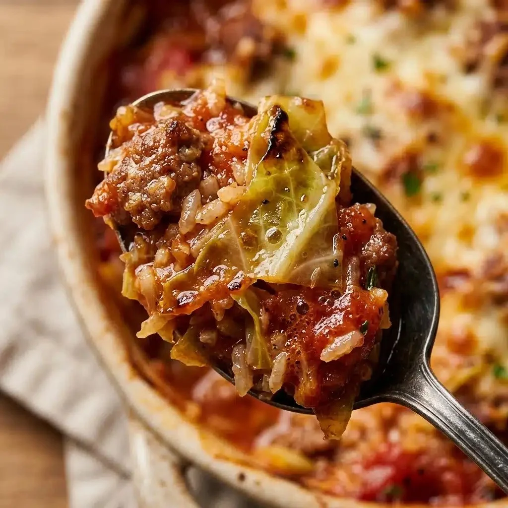 A delicious serving of cabbage roll casserole topped with cheese and herbs.