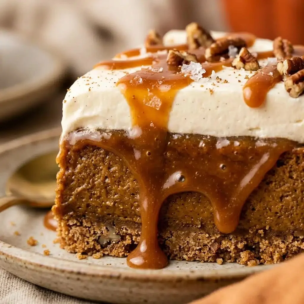 Delicious caramel pumpkin cheesecake topped with a rich caramel drizzle