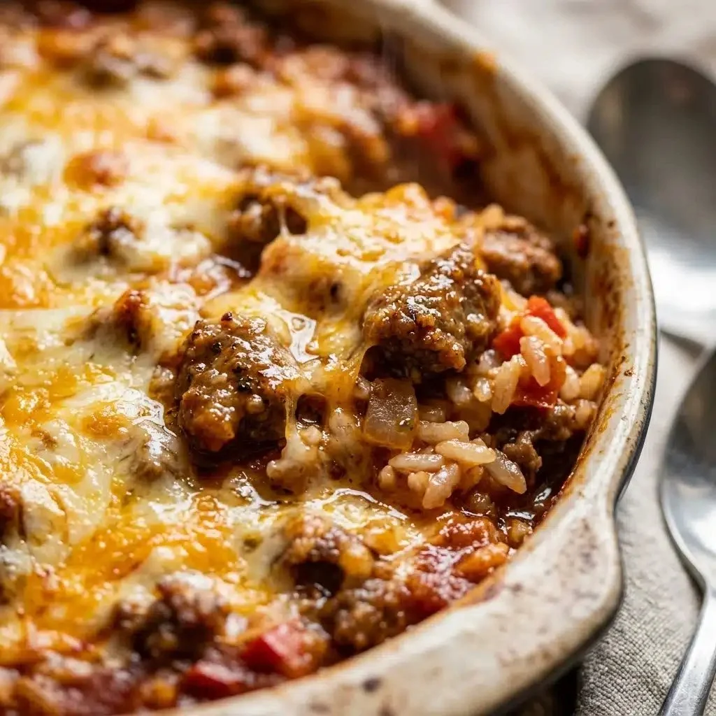 Cheesy beef and rice casserole dish served in a baking dish