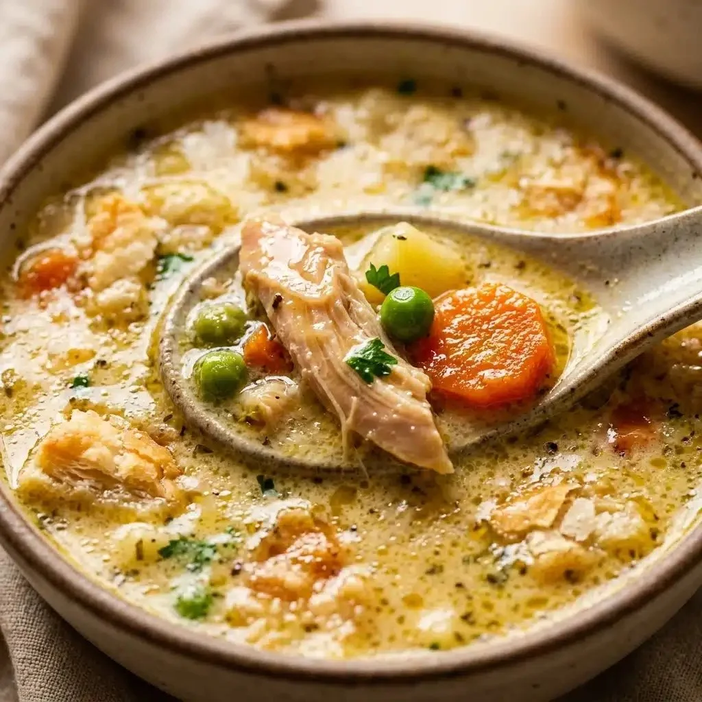 Bowl of creamy Chicken Pot Pie Soup with vegetables and flaky crust