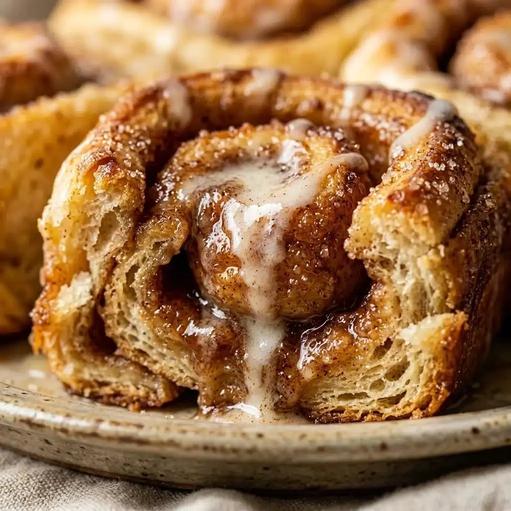 Cinnamon roll breakfast casserole served in a baking dish with icing drizzled on top.