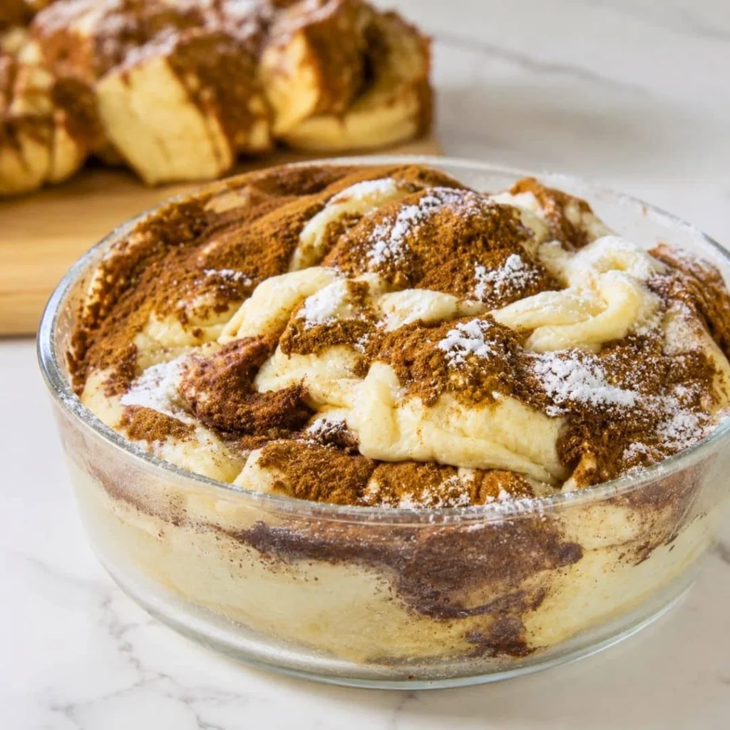 Cinnamon swirl protein cake slice on a plate, topped with icing.