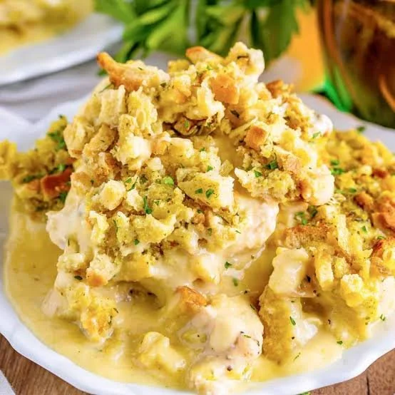Creamy chicken and stuffing casserole served in a baking dish