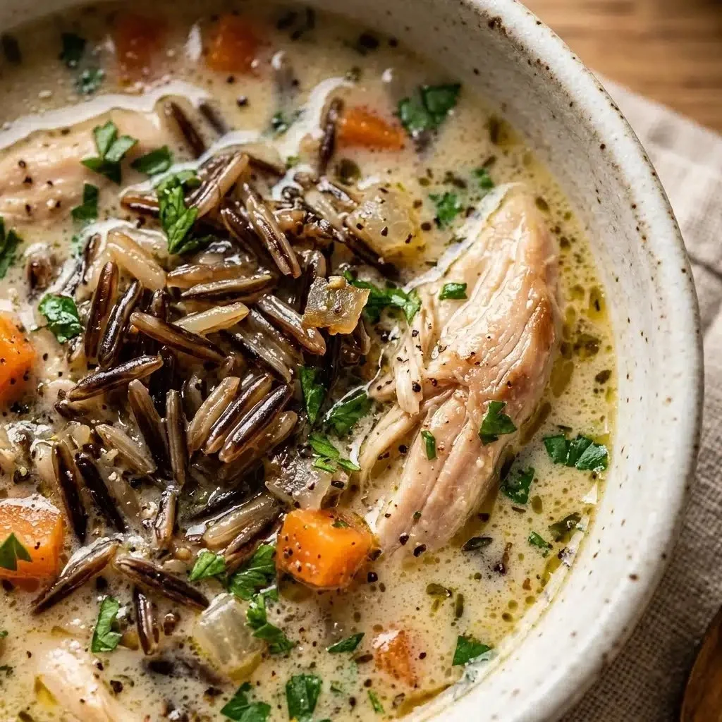 Creamy chicken and wild rice soup in a bowl, garnished with herbs