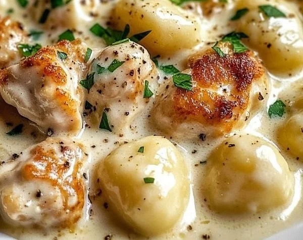 Delicious creamy chicken gnocchi served in a bowl with herbs
