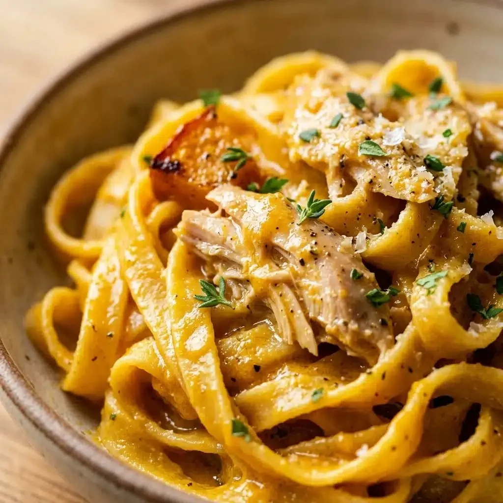 Delicious creamy pumpkin chicken pasta served in a bowl