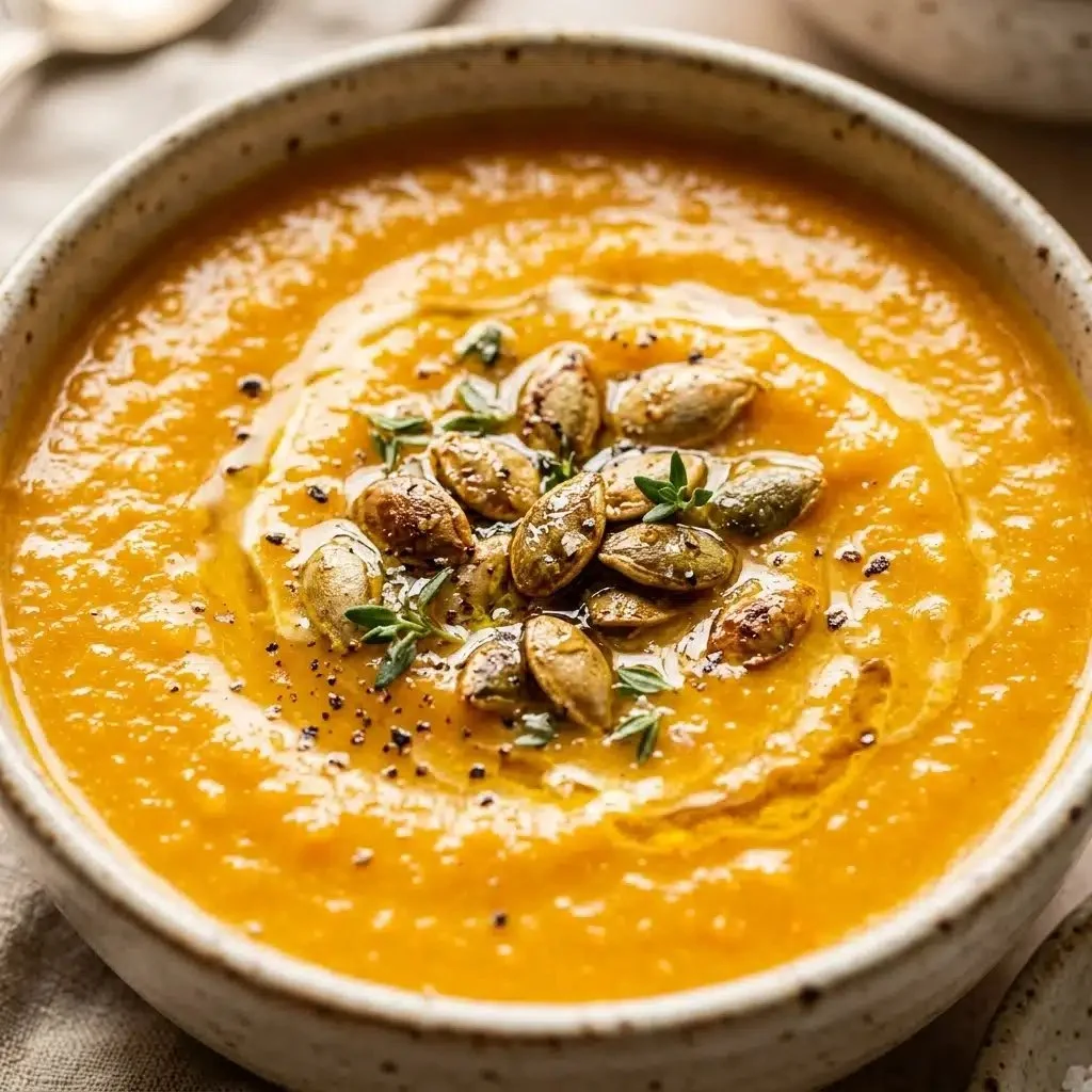 Bowl of creamy pumpkin soup garnished with herbs and spices