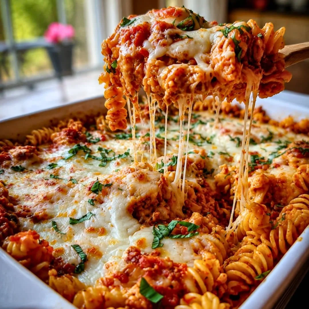 Creamy tomato basil chicken pasta bake with high protein content
