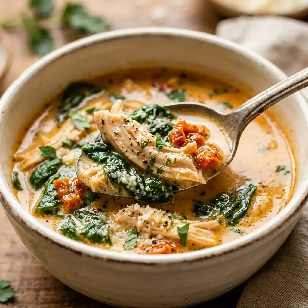 Bowl of creamy Tuscan chicken soup with fresh herbs and vegetables.