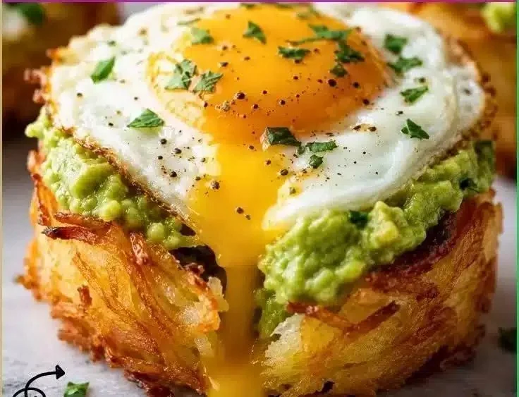 Crispy hash brown and avocado egg cups served on a plate