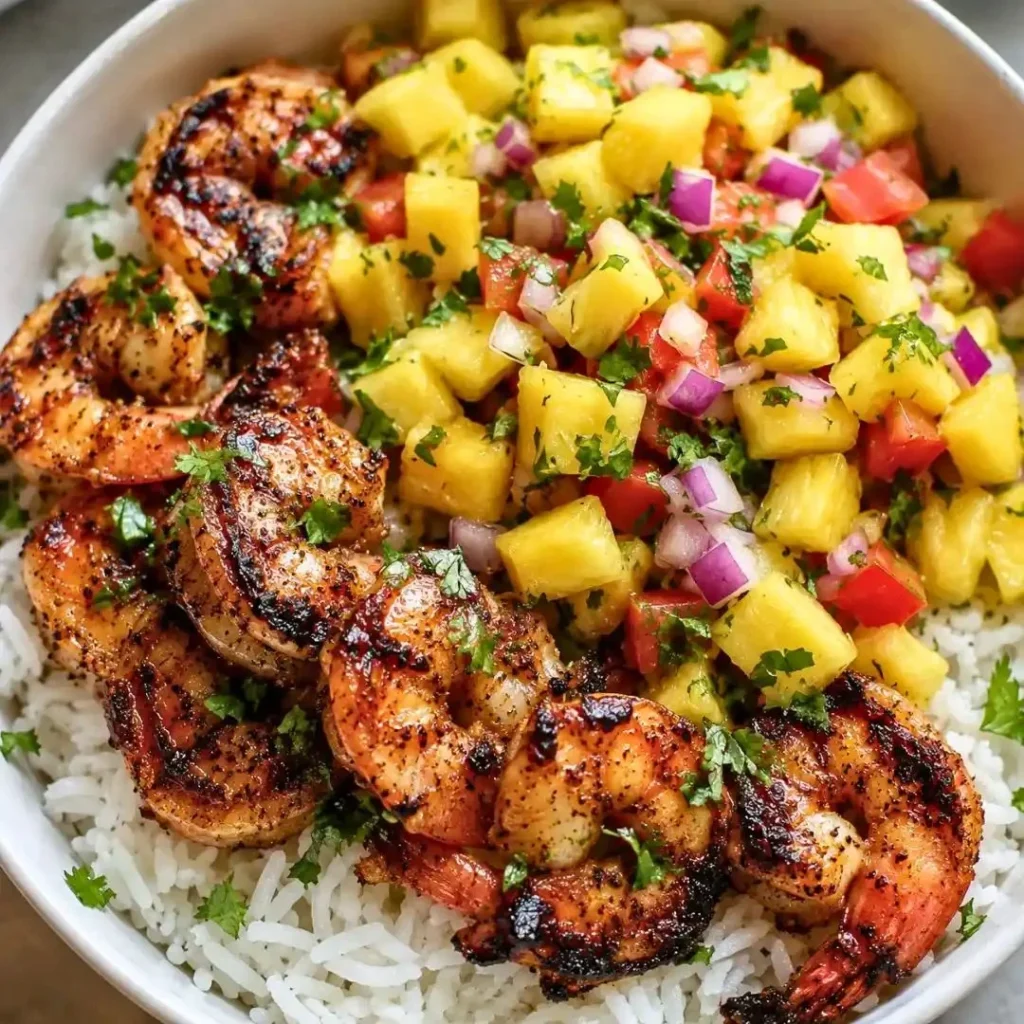 Easy shrimp rice bowl with pineapple salsa in a vibrant bowl.