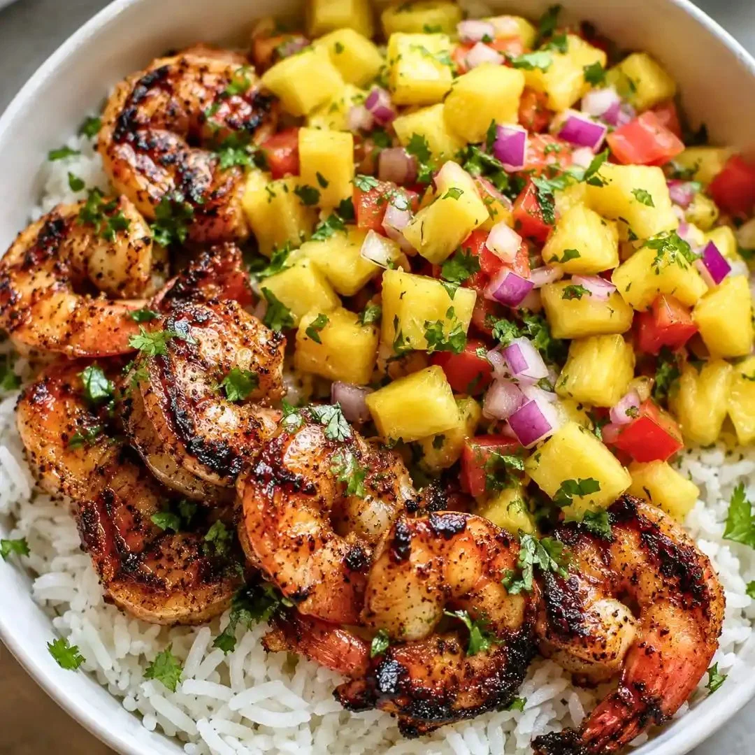 Easy shrimp rice bowl with pineapple salsa in a vibrant bowl.