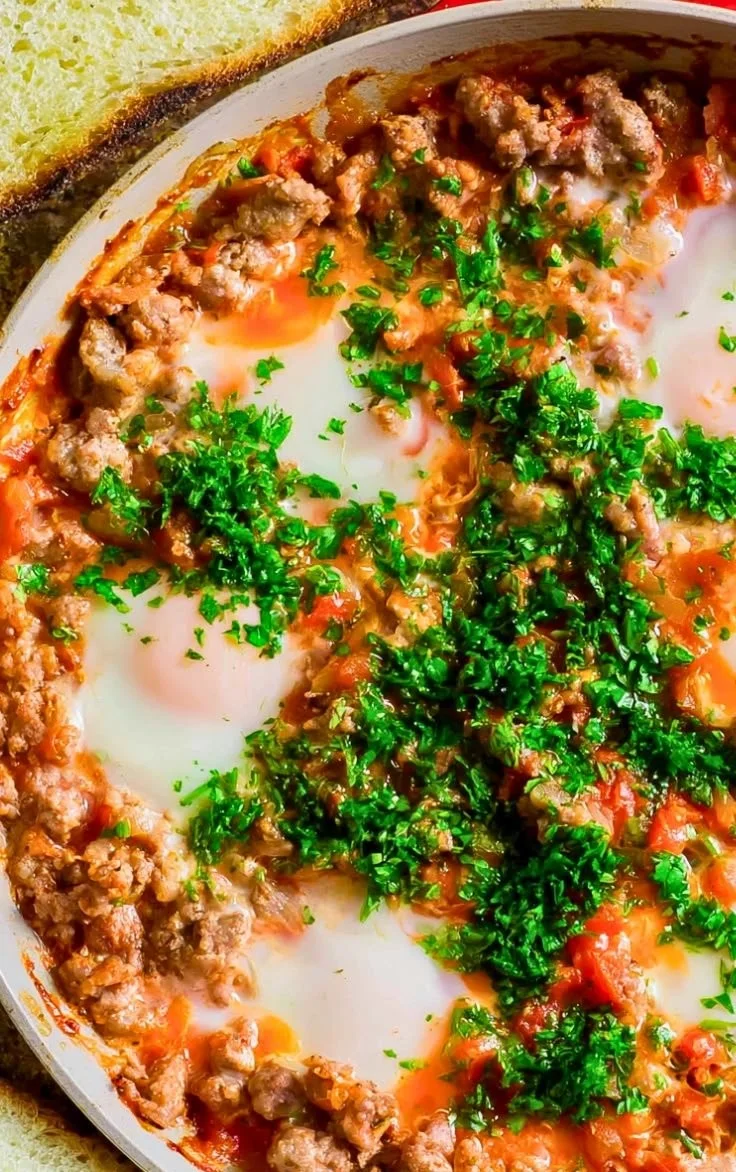 A colorful plate of easy breakfast shakshuka topped with eggs and herbs.