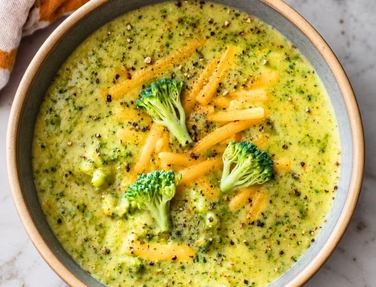 Bowl of easy creamy broccoli cheddar soup garnished with cheese and broccoli