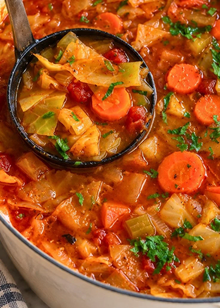 A bowl of easy healthy cabbage soup with colorful vegetables.