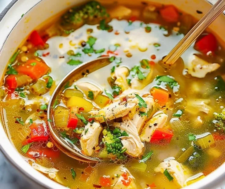 Bowl of Easy Healthy Detox Chicken Soup with fresh vegetables and herbs