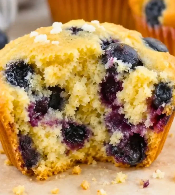 High-protein blueberry muffins made with cottage cheese on a wooden table