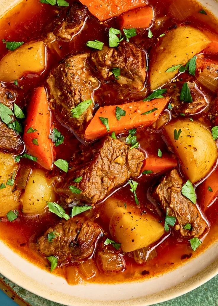 Bowl of easy pot roast soup with beef, potatoes, and carrots