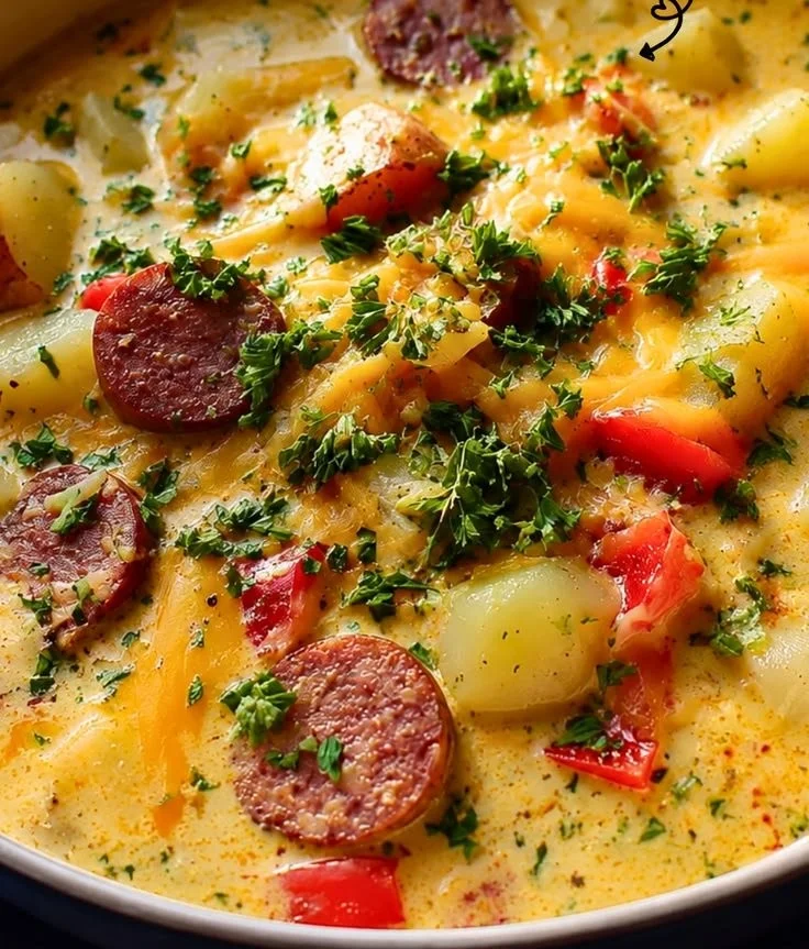 Bowl of Easy Spicy Cajun Potato Soup with fresh herbs and spices