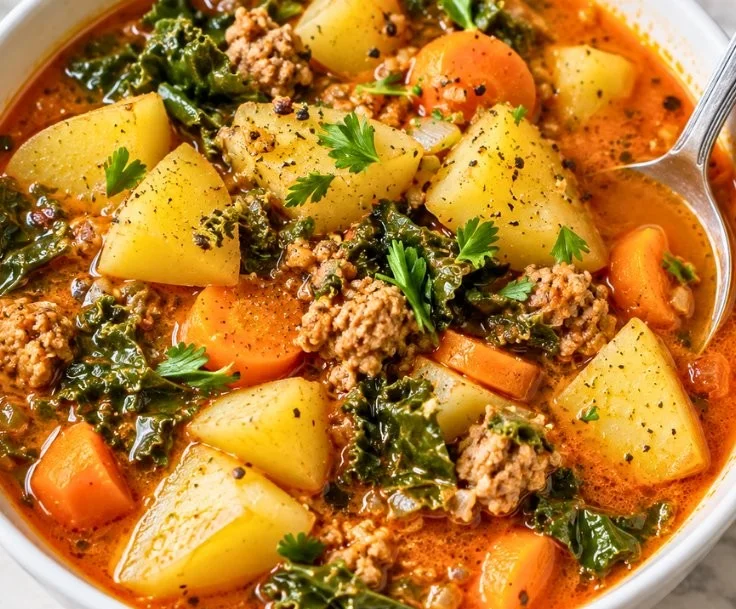 Bowl of easy spicy sausage potato soup with kale, a comforting one-pot dinner
