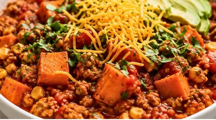 Bowl of easy sweet potato turkey chili with fresh herbs and spices
