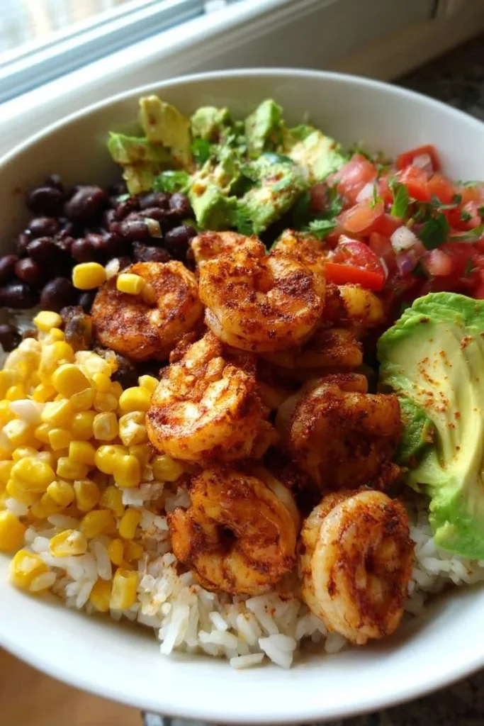 Fiesta Shrimp Rice Bowl with colorful ingredients and toppings.