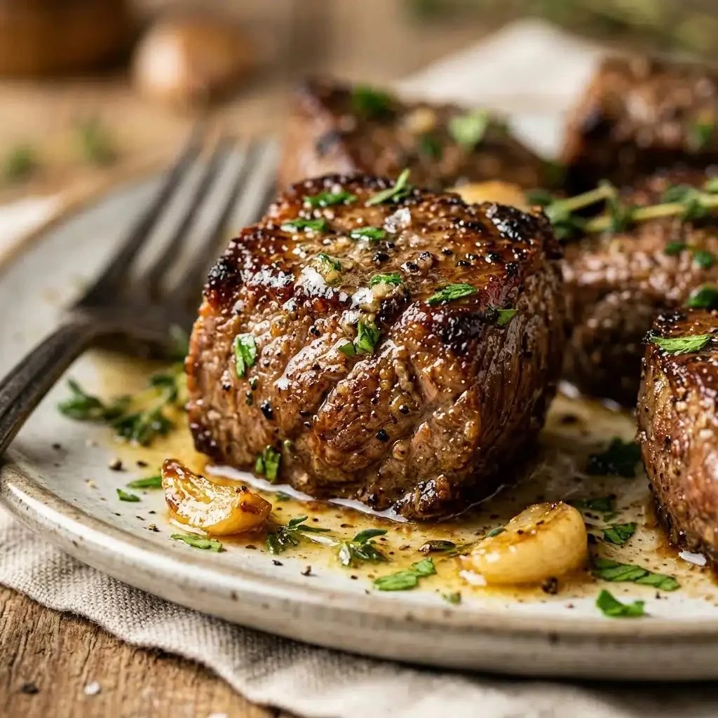 Plate of Garlic Butter Steak Bites garnished with herbs